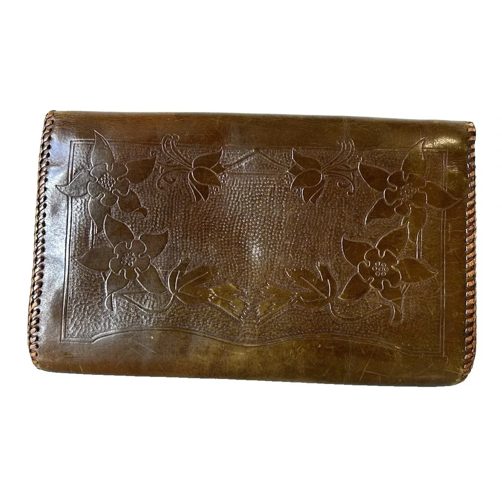 Vintage 1920s Leather Clutch Hand Tool Double Side Whipstitch Snap Floral Folds